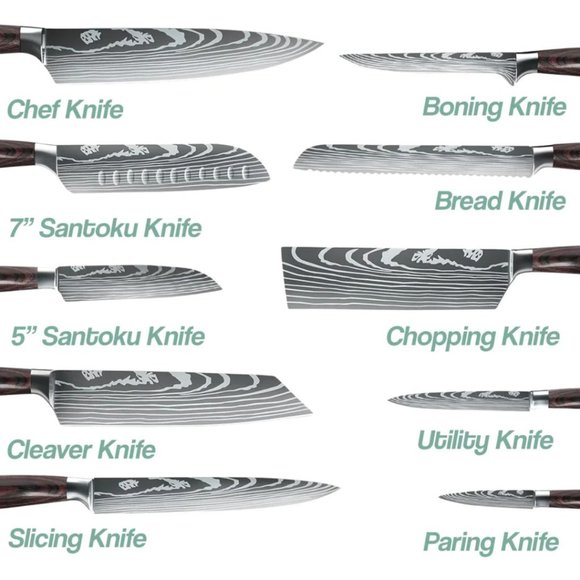 10 Piece Damascus Pattern Kitchen Knife Set - Picture 3 of 5